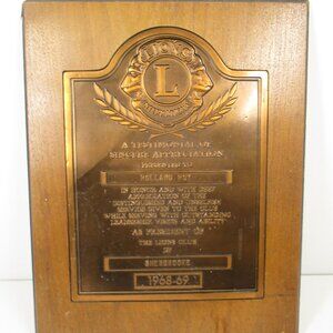 Vintage Lions Club International 1968-69 Wood & Bronze Plaque Award 15" x 12"